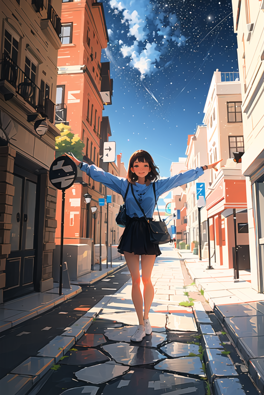 sam yang,
1girl, architecture, bag, building, cat, evening, full body, handbag, night, night sky, outdoors, outstretched a...
